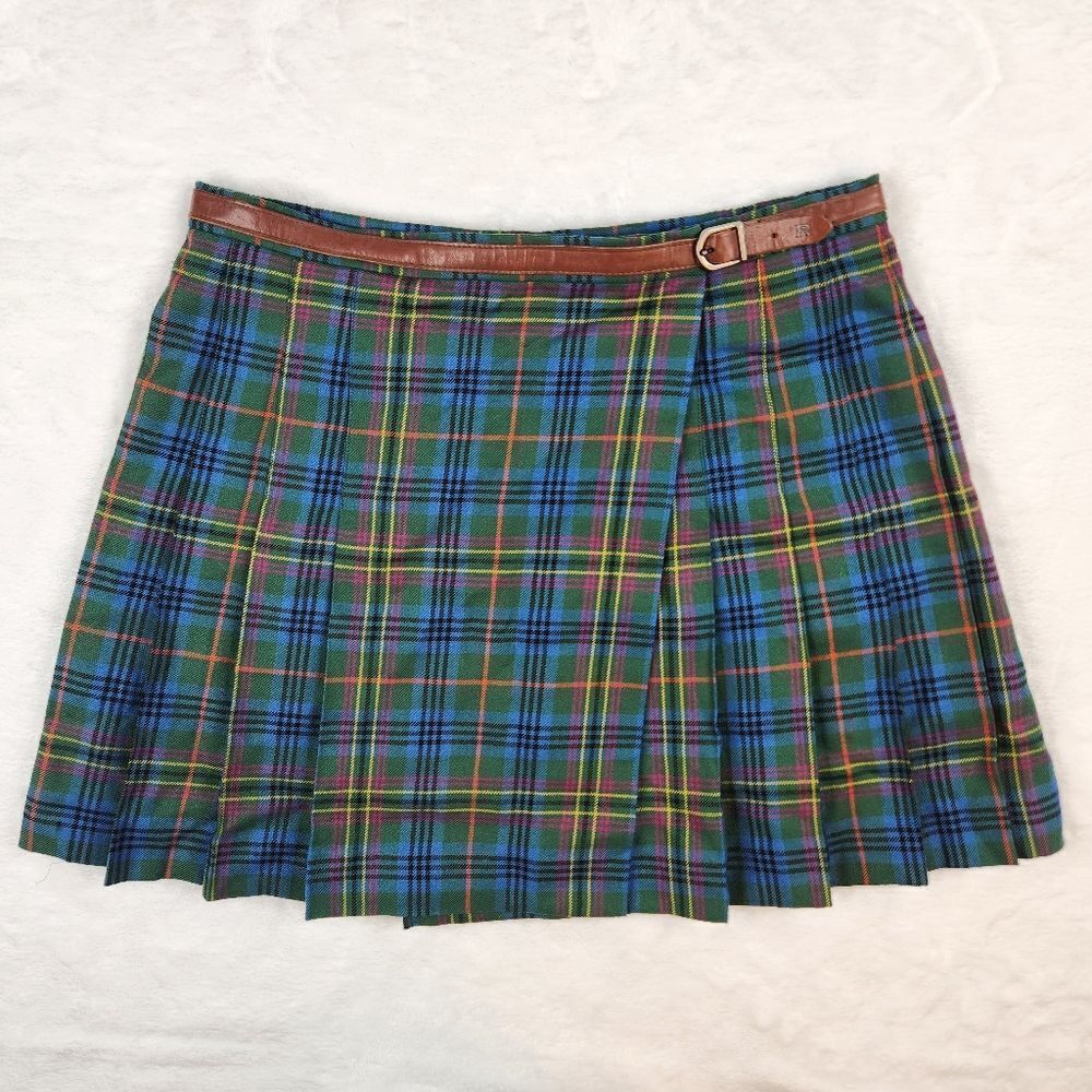VTG Ralph Lauren Wool Tartan Plaid Pleated Belted Wrap Mini Skirt Sz 10